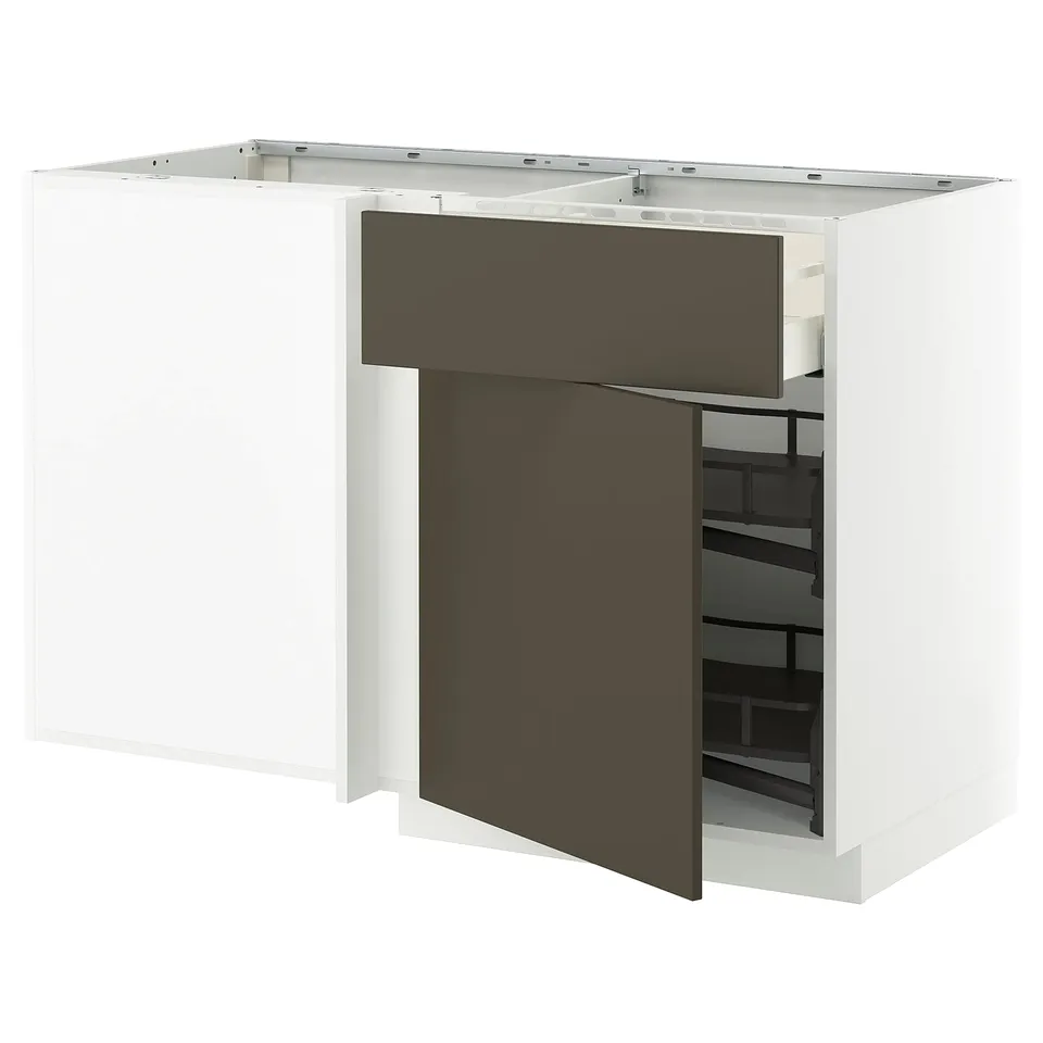 Modern white and dark brown kitchen unit with pull-out shelves, sleek design.