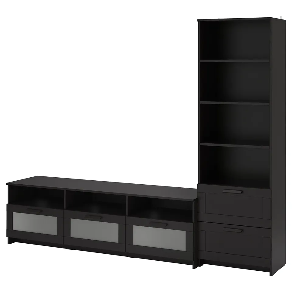 Black BRIMNES tv unit and bookcase. Four drawers, two shelves, glass fronts.