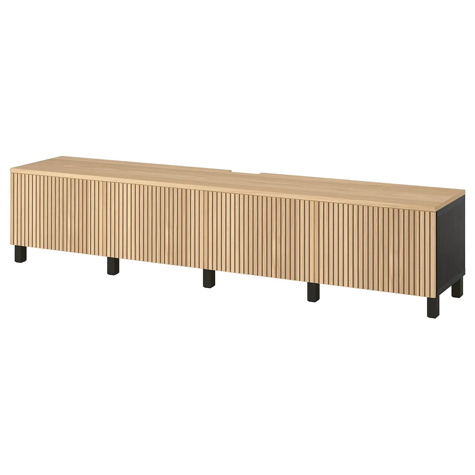 BESTÅ TV bench with doors, black-brown/Björköviken/Stubbarp oak veneer, 240x42x50 cm
