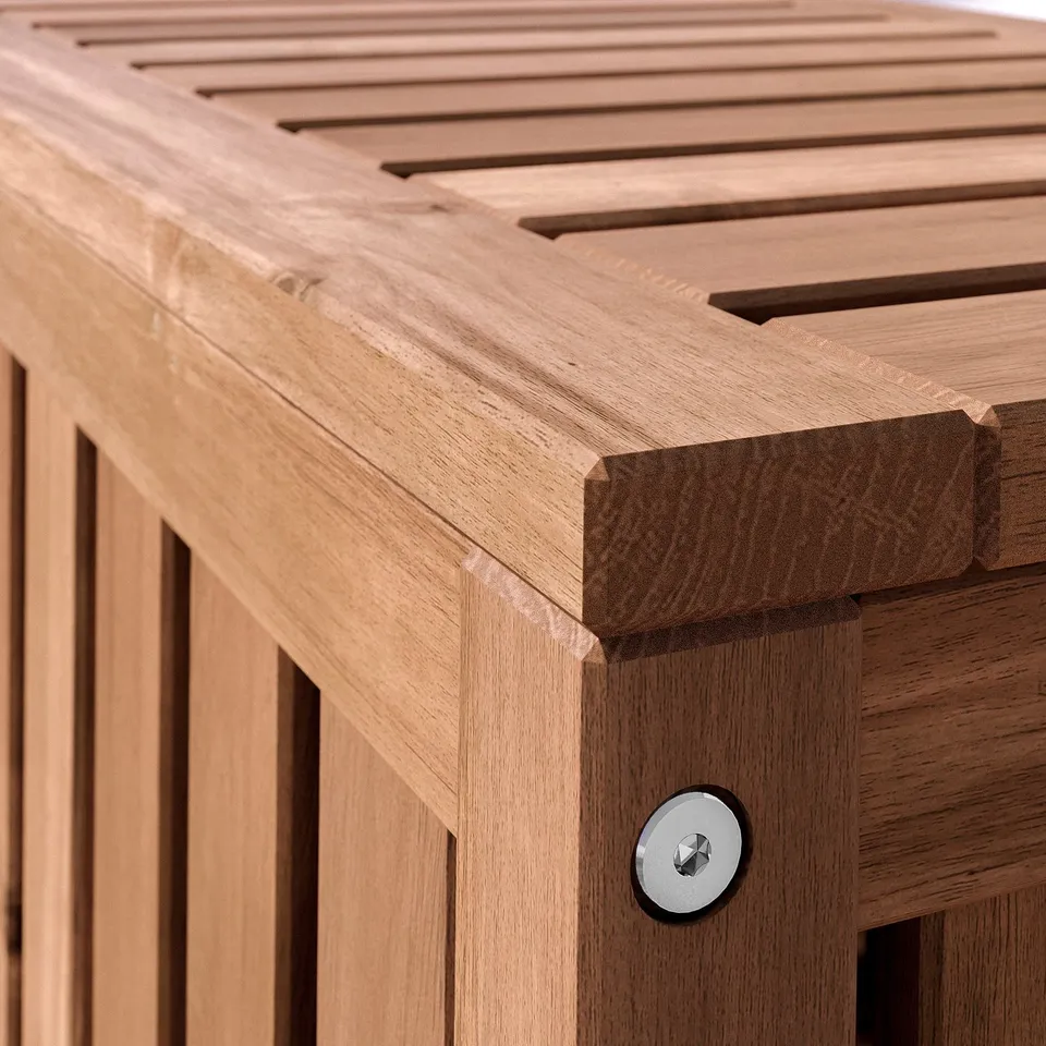 Wooden outdoor furniture, slatted design, natural finish, acacia wood.