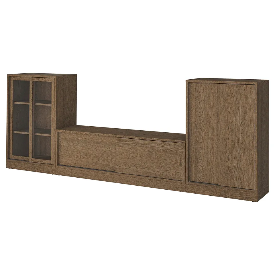 Classic wooden tv stand with bench, sliding doors, glass door, honeycomb oak finish.