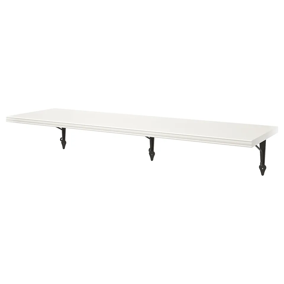 The BERGSHULT wall shelf. Its white, rectangular, with bevelled and smooth edges, and has three black metal brackets for support.