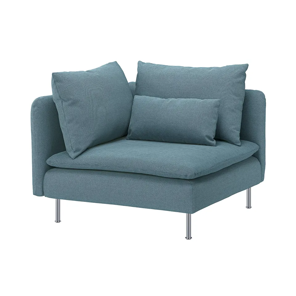 SÖDERHAMN modern blue fabric chair with plush cushions, metal legs.