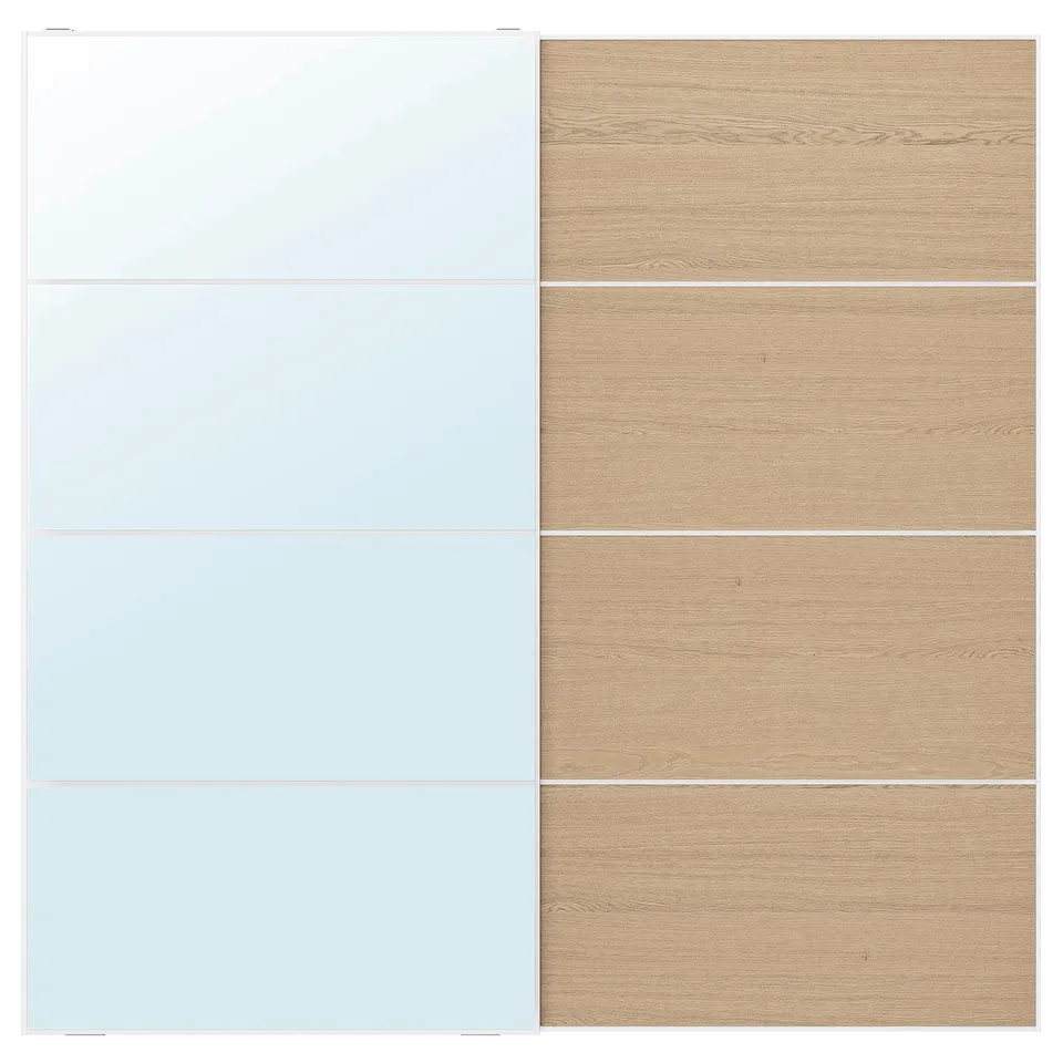 The AULI wardrobe mirrored and wooden panel sliding doors. Modern and functional, its designed with safety film and soft-closing mechanisms.