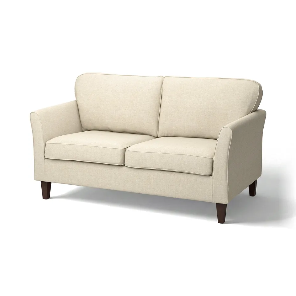 EKHOLMA beige loveseat, upholstered in recycled polyester, rounded edges, tapers gently to the floor.
