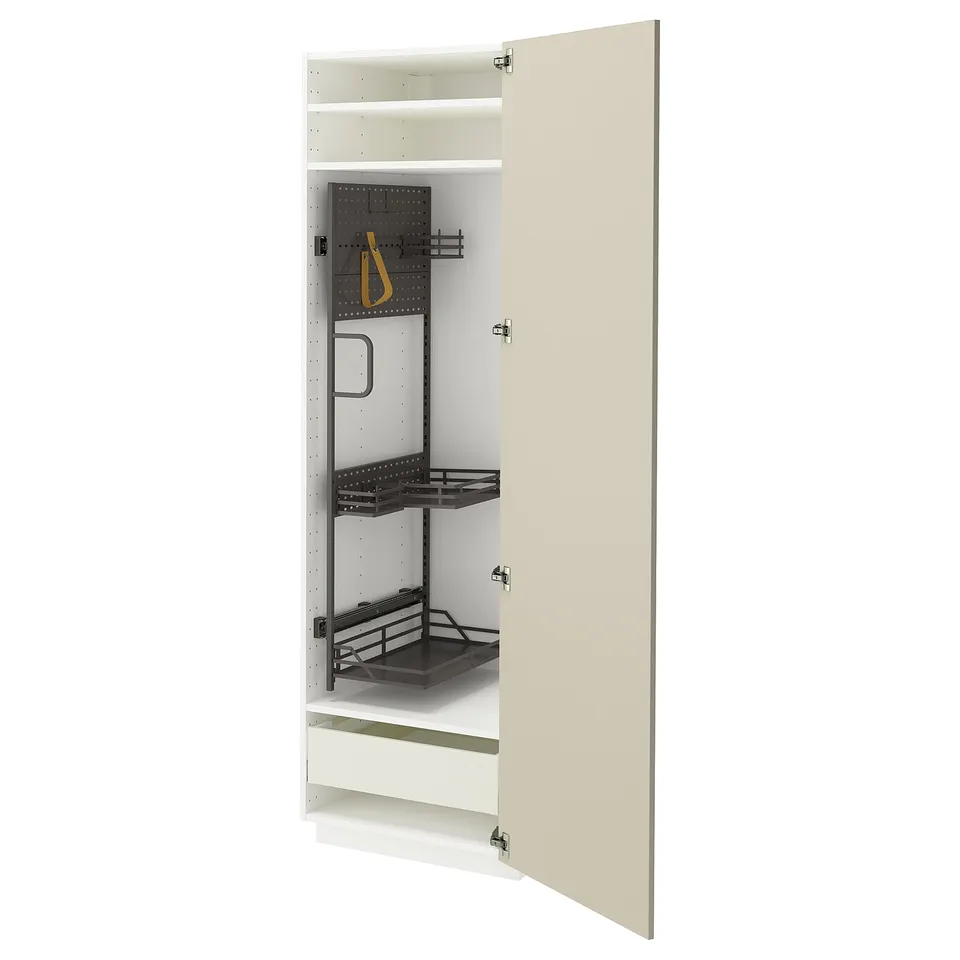METOD kitchen in beige; smooth, sleek design; pull-out organisers; sturdy steel frames, soft-close drawers.