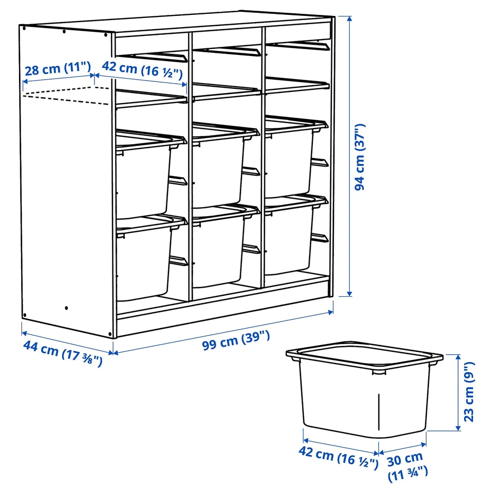 Illustration with measurements for the product: TROFAST.