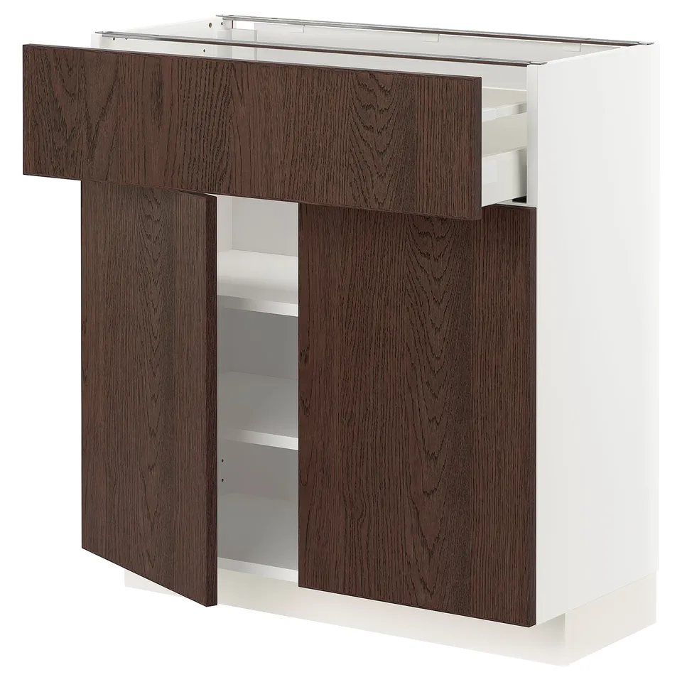 Modern kitchen cabinet with dark brown wood doors and white base. Three doors, two large ones on each side and one smaller at top.