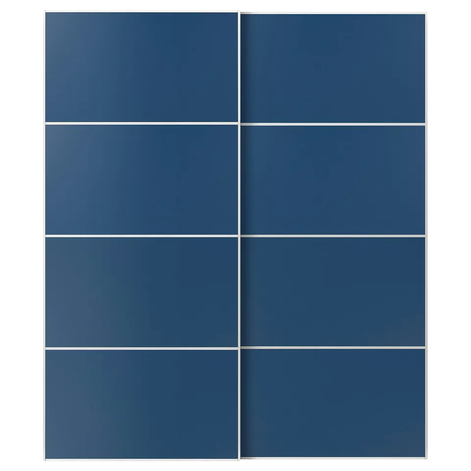 MEHAMN blue sliding doors. Flat, rectangular shape, modern design. Made from fibreboard and aluminium.