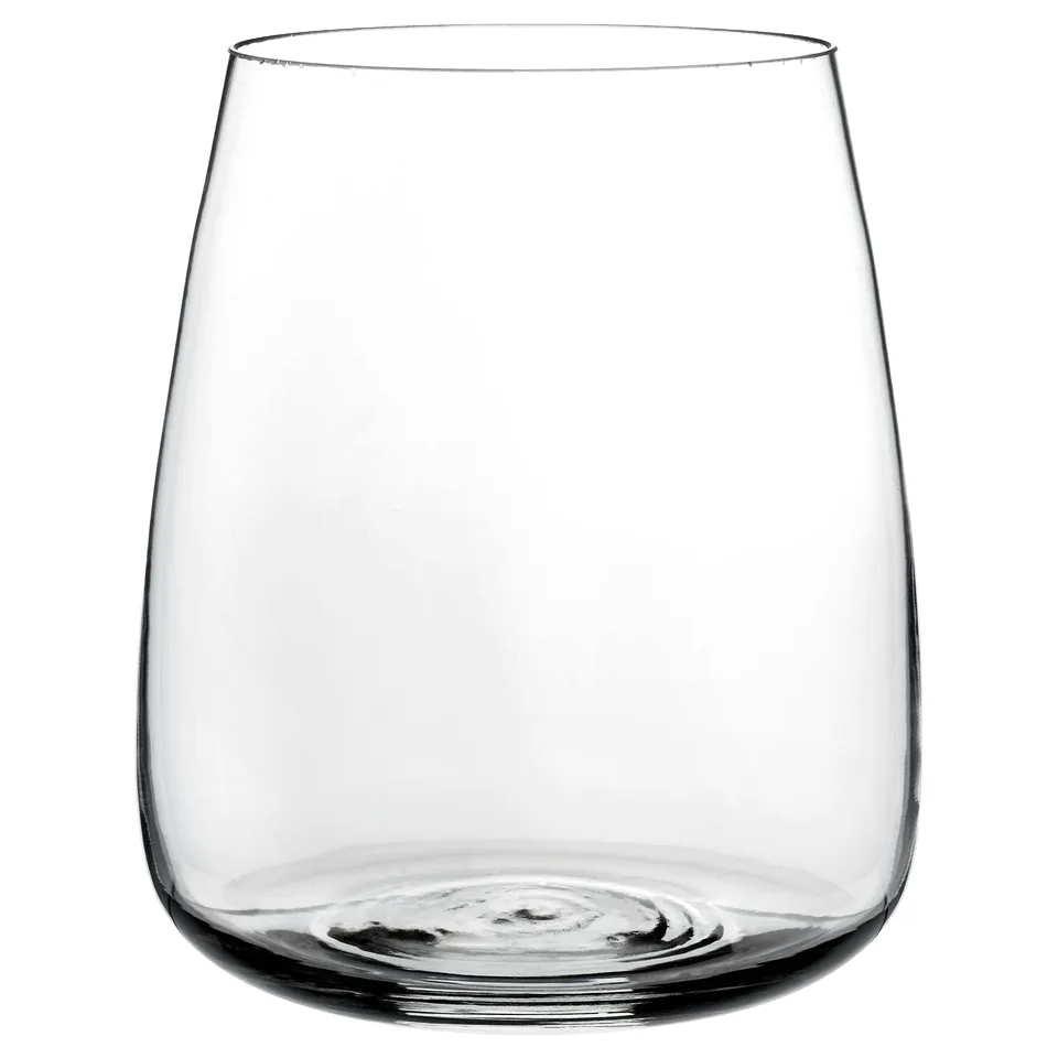 Clear glass vase, simple design, rounded shape.