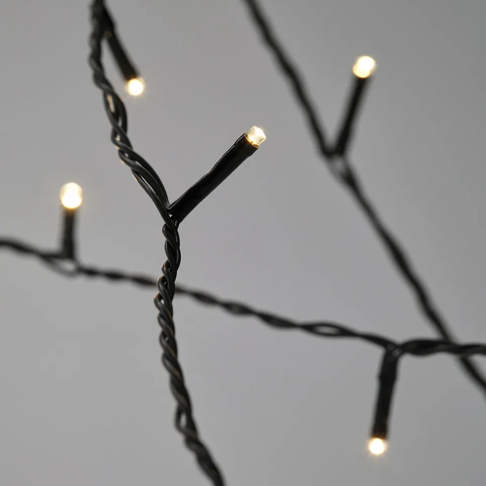 Close-up of twisted black string lights with glowing bulbs on.