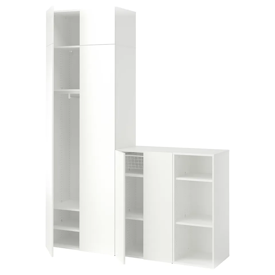 White LASTARE storage set: tall and short cabinets with open shelves, particleboard, sleek design.