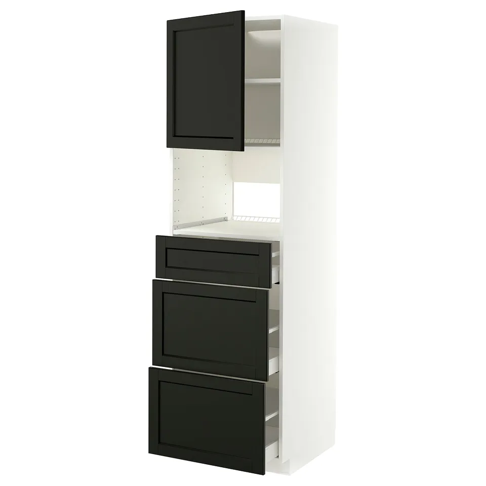 A black & white IKEA cabinet: tall, 3 drawers, open shelves, modern style.