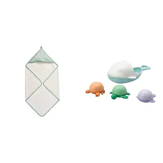 LEN/ÄNGSHUMLA set: baby towel with hood + 4-piece bath toy set