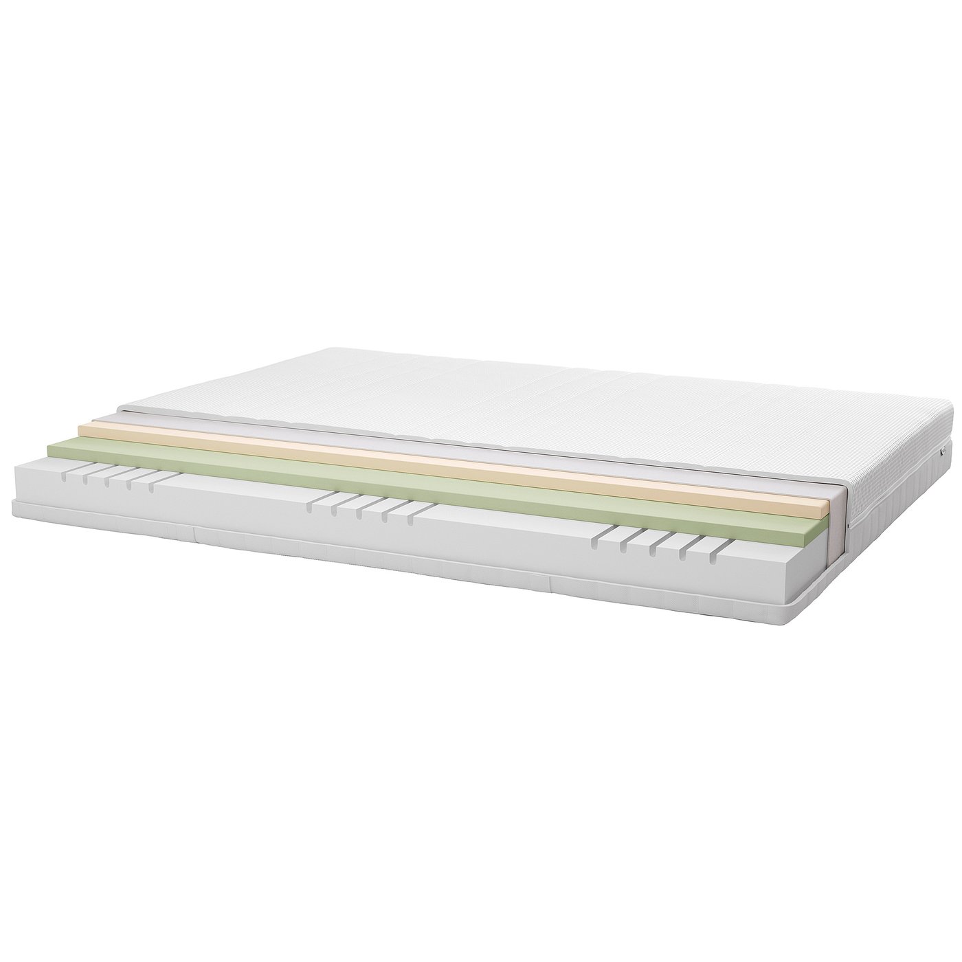 Foam mattress with polyester top, memory foam middle, polypropylene base.
