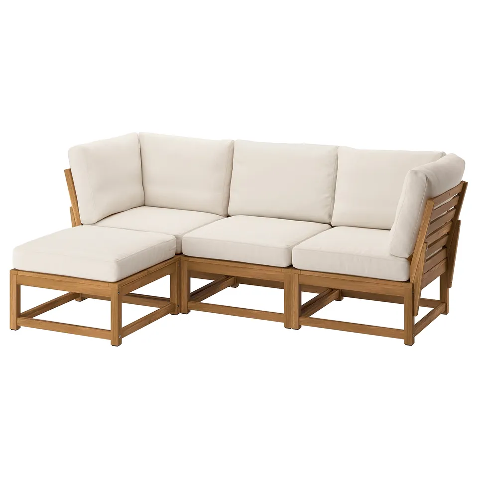 A NÄMMARÖ beige outdoor sectional sofa with light wooden frame. It has plush cushions for comfort, designed for durability and outdoor use.