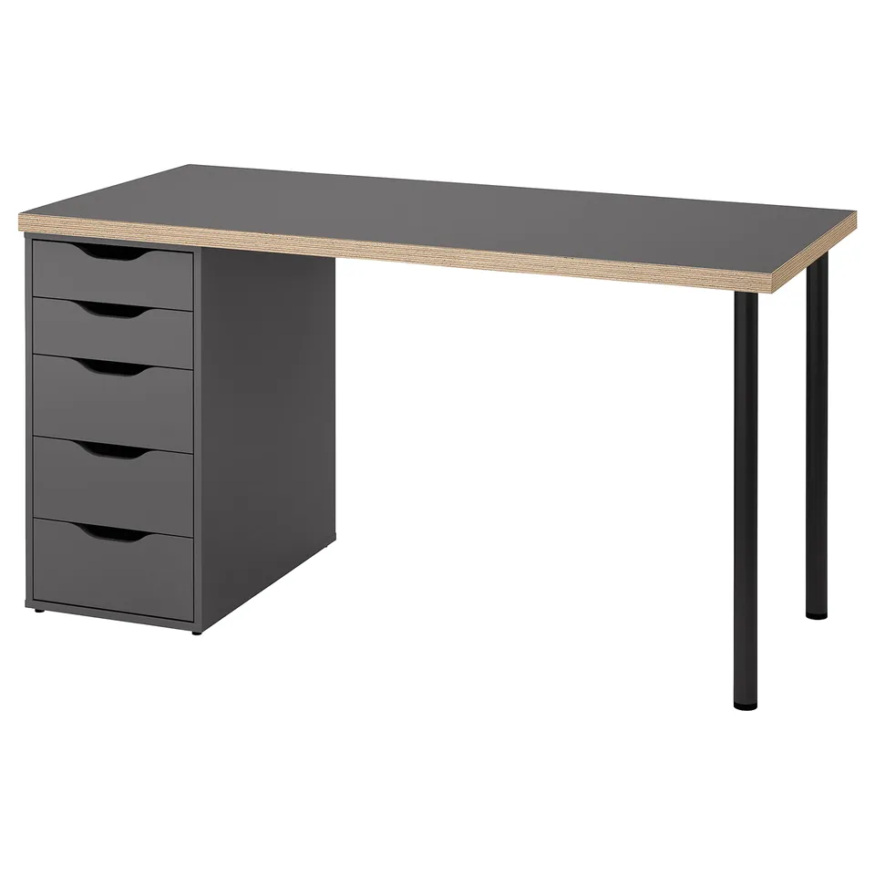 Modern grey desk with four drawers and black metal legs. Rectangular shape with light wooden edge detail.