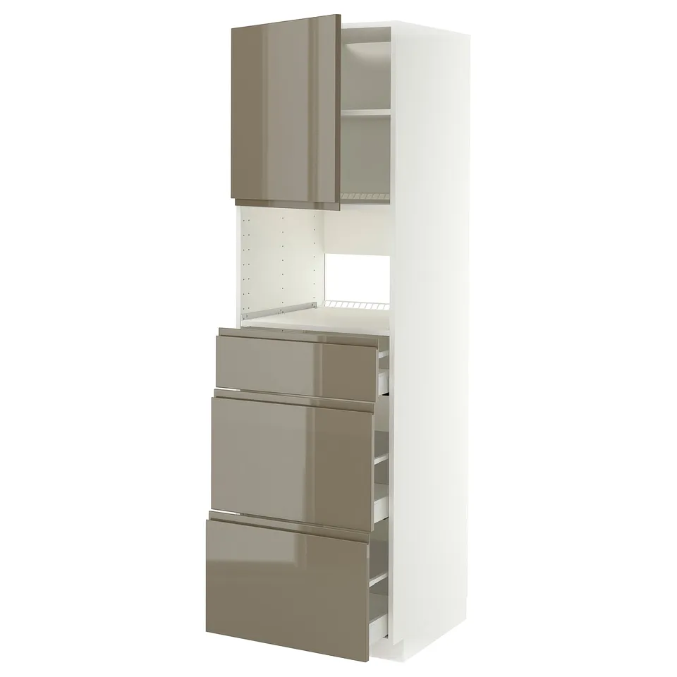 A modern kitchen cabinet named METOD, featuring high gloss dark grey-brown doors with sleek handles, smooth drawers, and a sturdy frame.