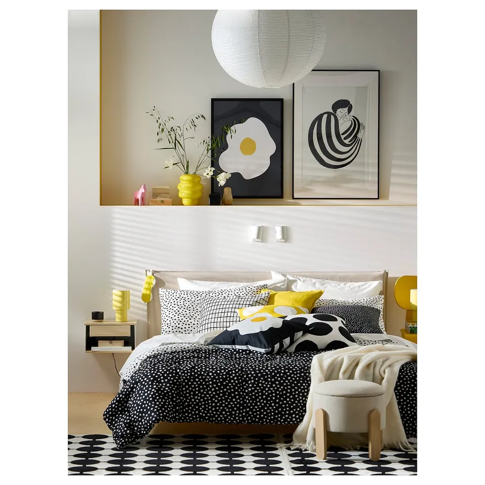 BJÖRKGRÅMAL Duvet cover and 2 pillowcases, black white/dotted, 240x220/50x80 cm