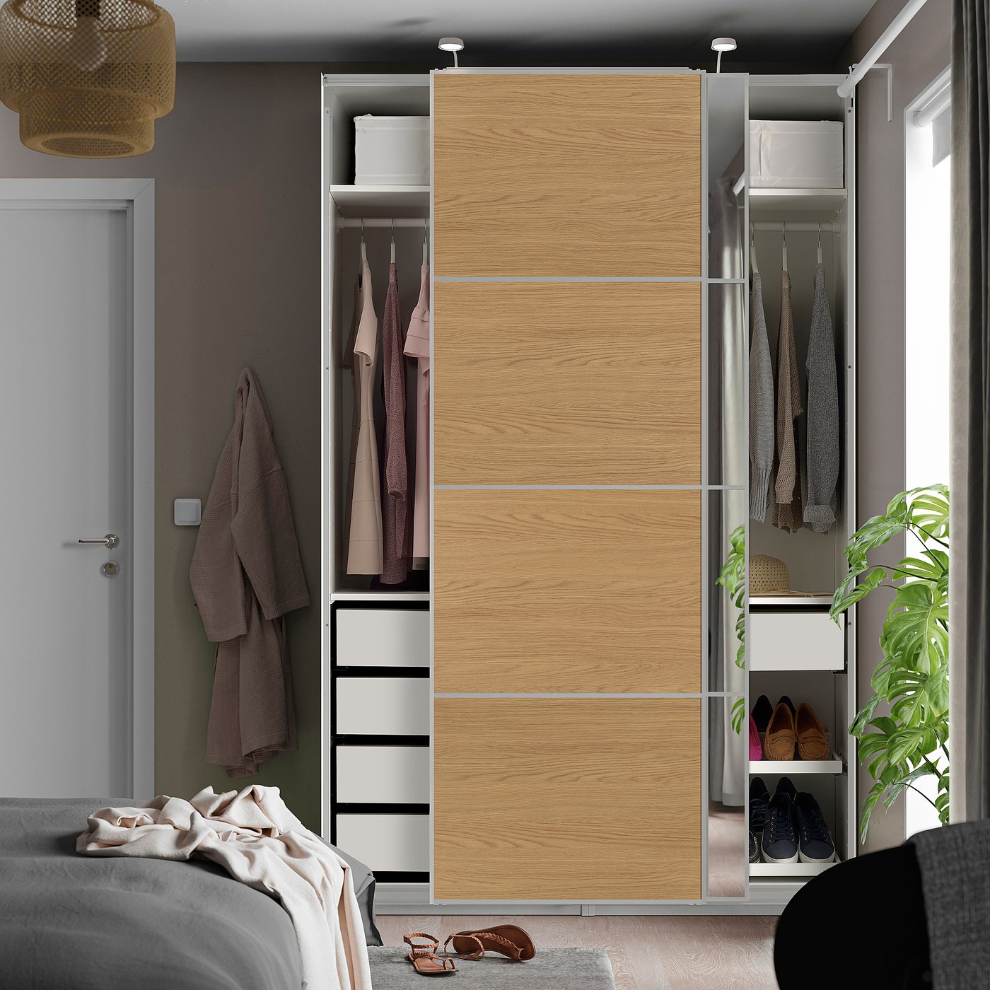 Modern closet with sliding doors, hanging clothes, shoe shelves, mirror doors, soft-close.