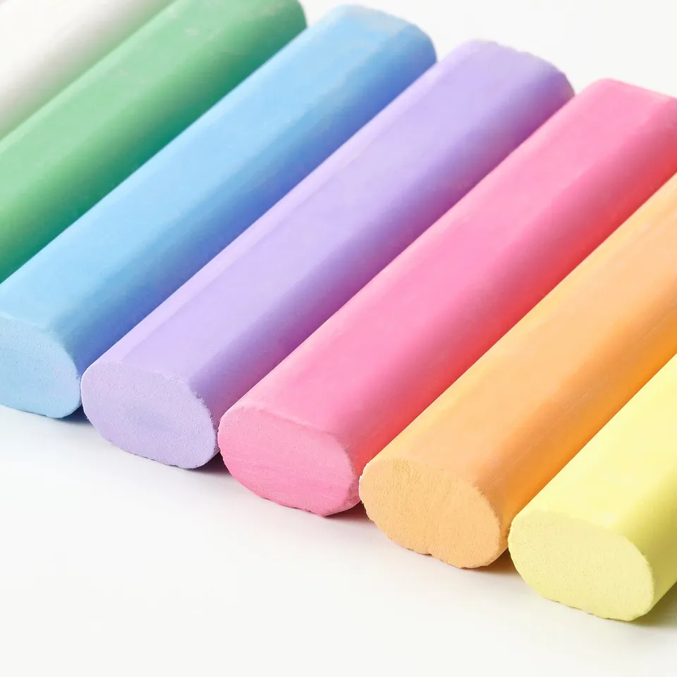 Six vibrant, well-made chalk sticks, ideal for kids, arranged neatly.