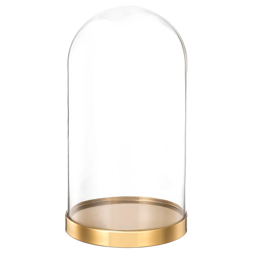 BEGÅVNING glass dome on gold base; clear, cylindrical, protects decor.