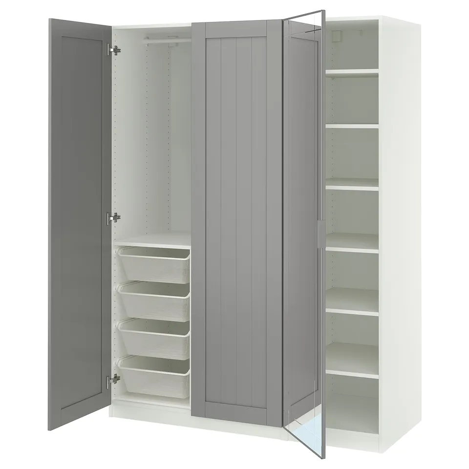 A white and gray ikea PAX wardrobe with open doors, revealing shelves and a mesh basket.
