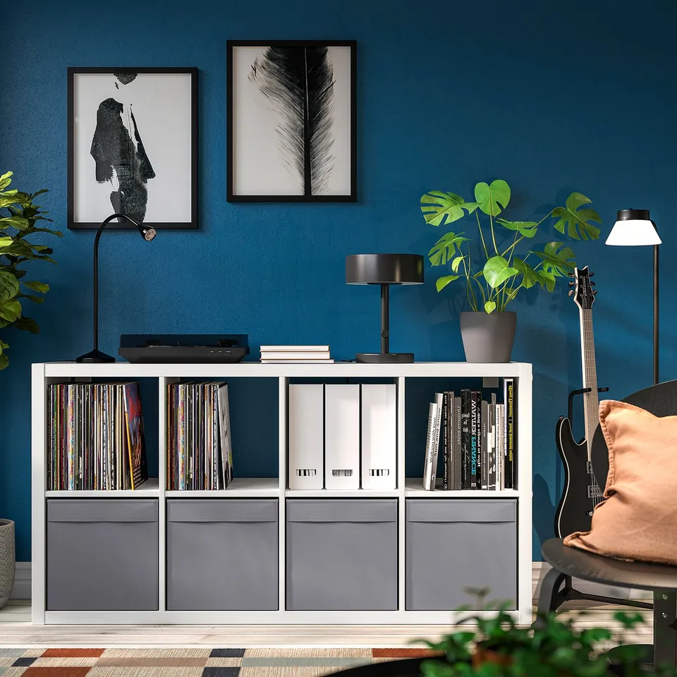 KALLAX Shelving unit, white/Dröna dark grey, 77x39x147 cm