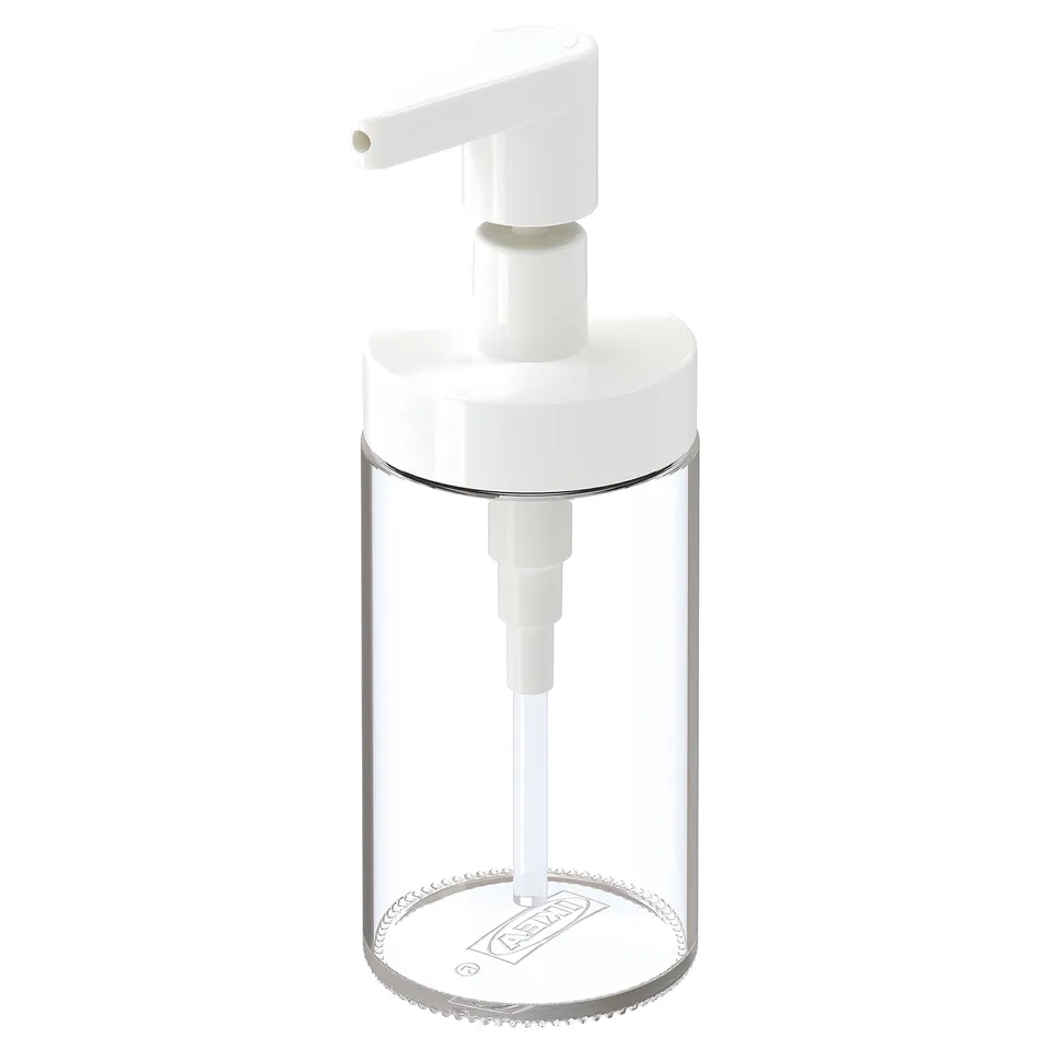 TACKAN clear soap dispenser with white pump, modern minimalist design, wide opening for easy refills.