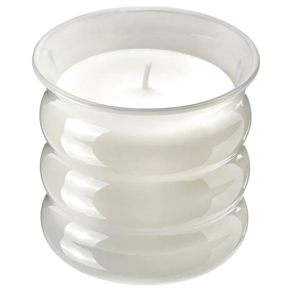 JUVELTRAST Scented candle in glass, pink flowers pale beige, 50 hr
