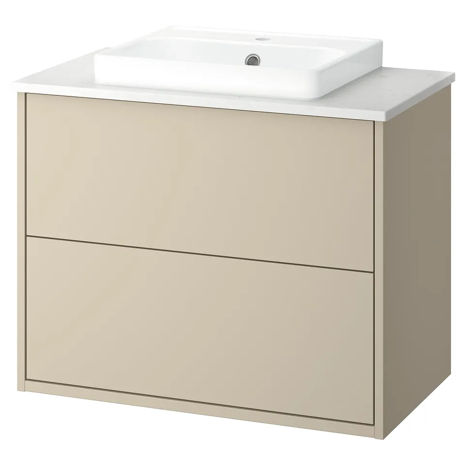 This image the HAVBÄCK beige bathroom vanity with a semi-recessed white sink. Its minimalist design includes two drawers for ample storage.