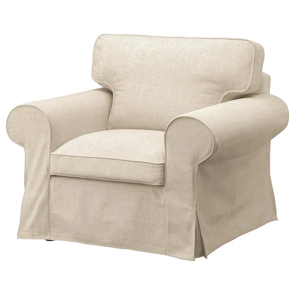 Beige EKTORP armchair, plush & comfortable, rolled arm design, removable cover.