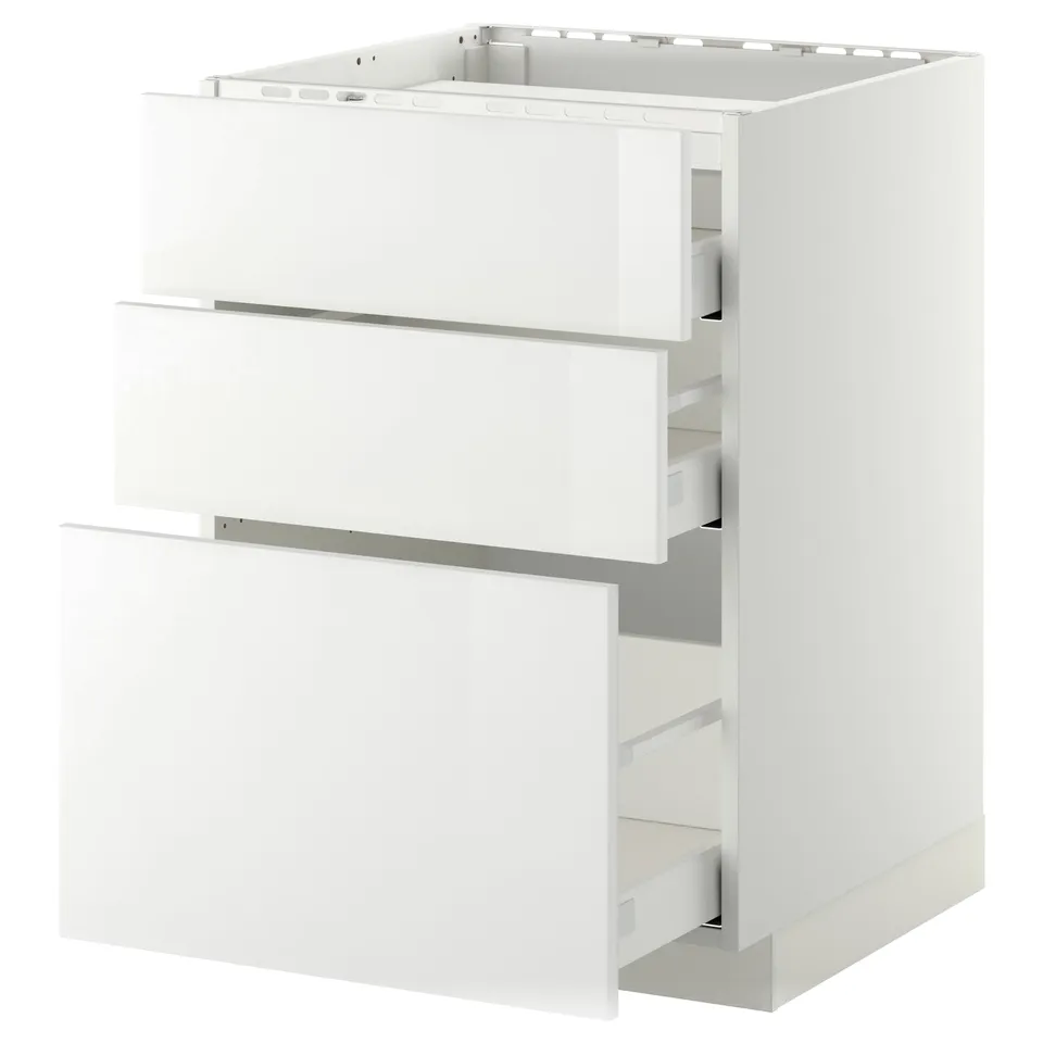 Modern kitchen cabinet with three glossy drawers, full-extension tracks, ikea METOD.