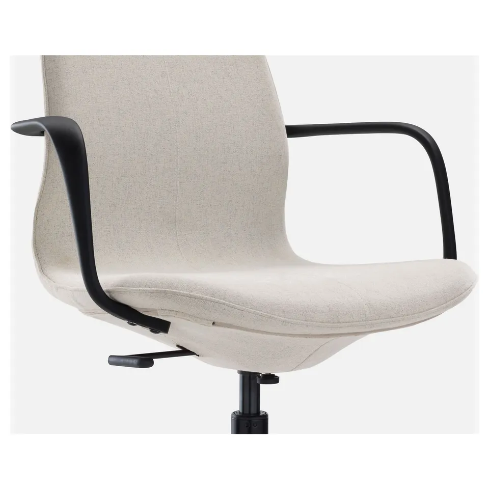 Beige office chair with black armrests, wheels, lumbar support, adjustable height.