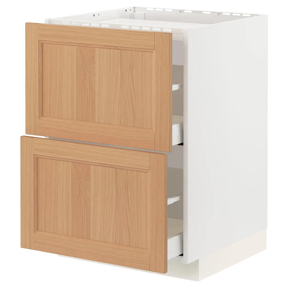 An ikea METOD kitchen cabinet with oak drawers. It white and wood tones, with a sleek, modern design.