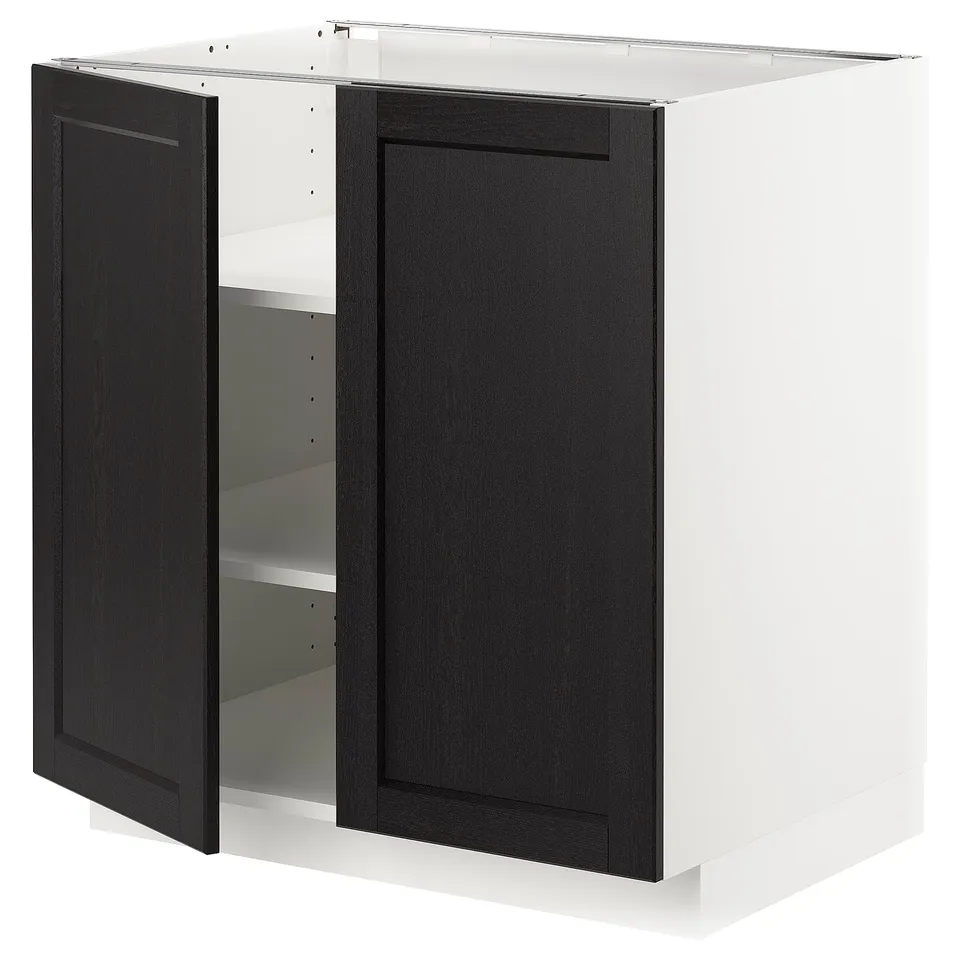 Modern kitchen cabinet, METOD. Black stained wooden doors, white base. Square, classic design.