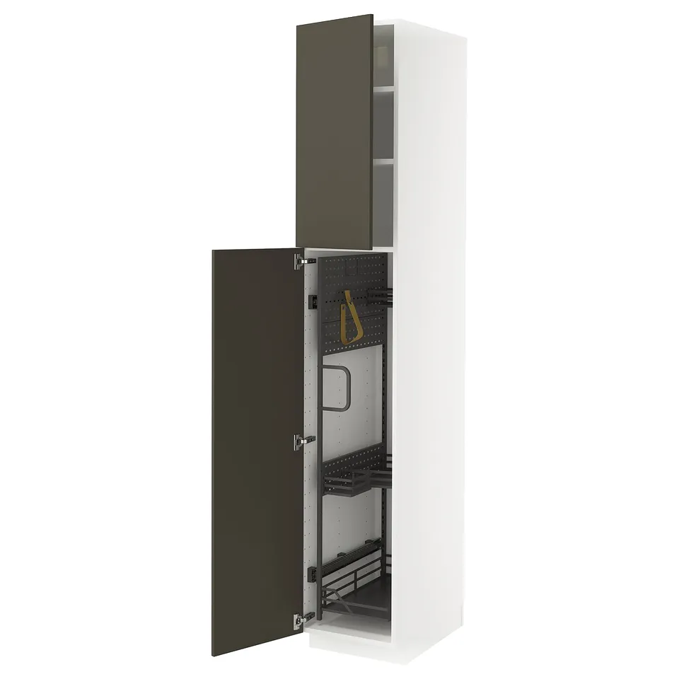 White cabinet with black doors, metal inside organisers, adjustable shelves.