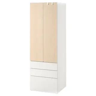 SMÅSTAD / PLATSA wardrobe, white/birch with 3 drawers