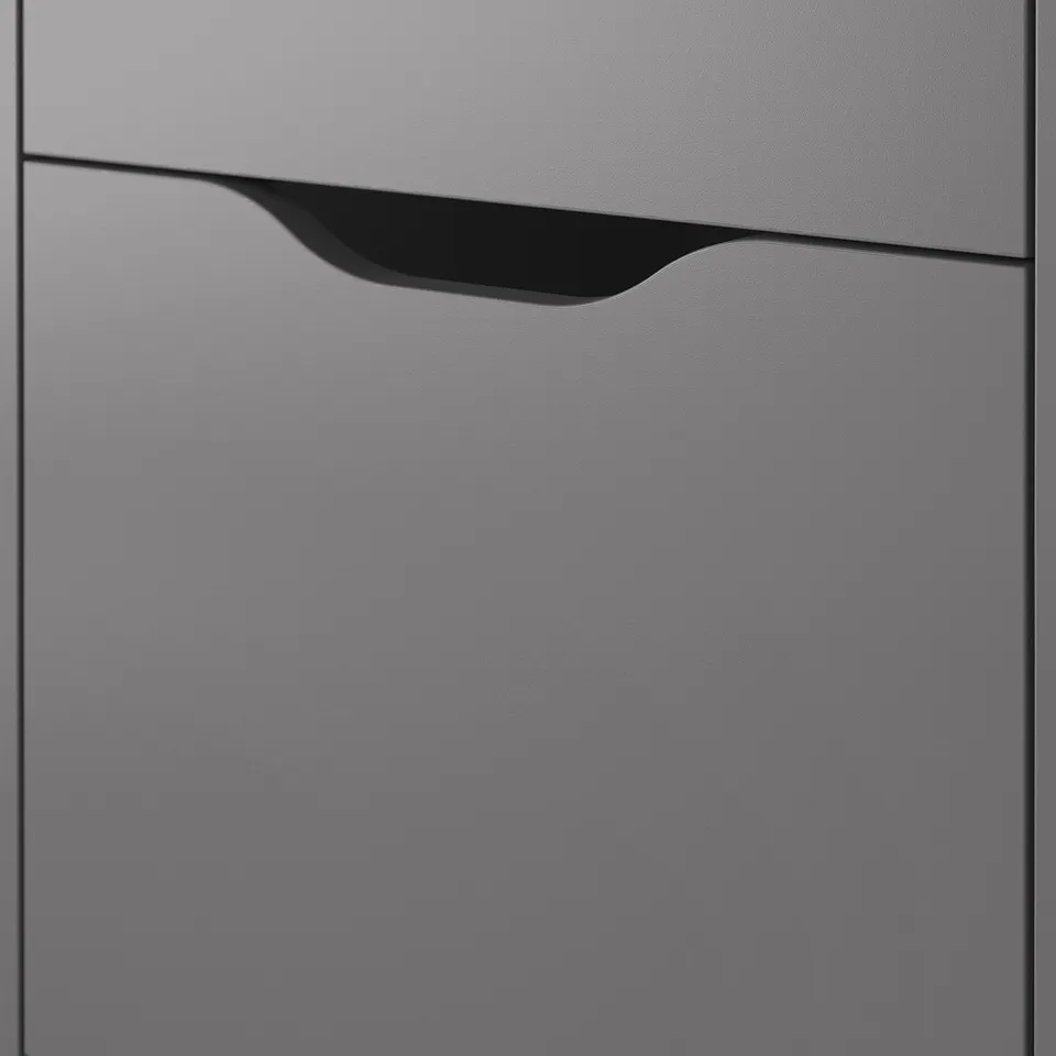 Modern, sleek ALEX drawer unit with smooth grey finish and minimalist handle recess.