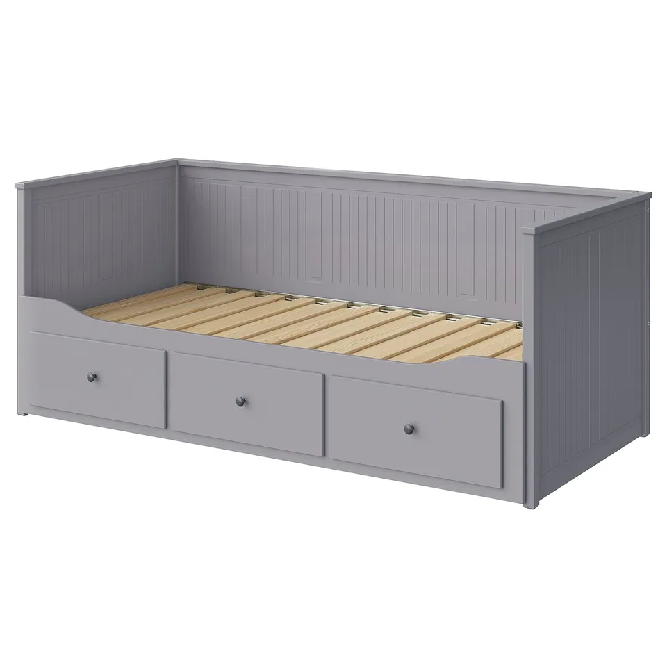 Grey HEMNES day-bed with drawers. Wooden, rectangular, slatted bed base.