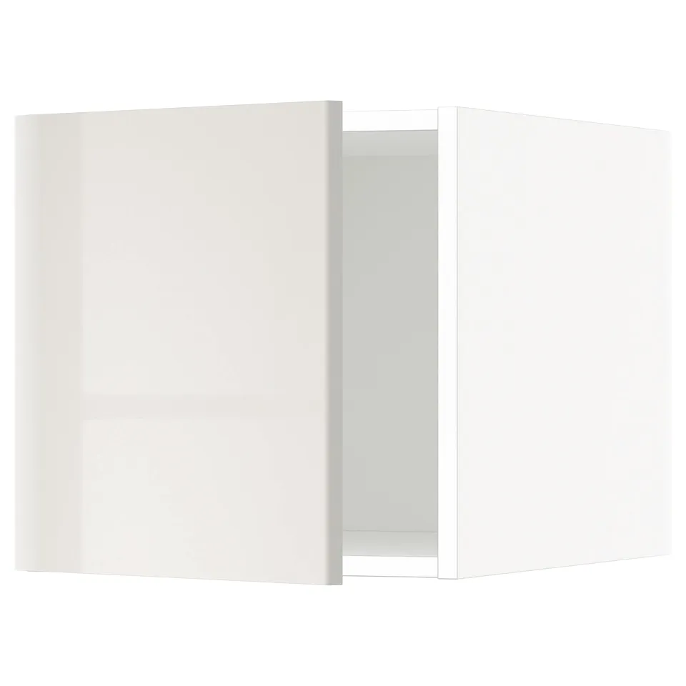 White high-gloss kitchen cabinet with grey front.