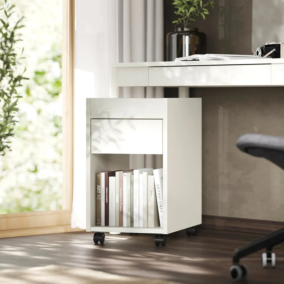 Periodista23: modern home office with white TONSTAD bookshelf holding books, near a white desk with a black chair, large window, natural light.