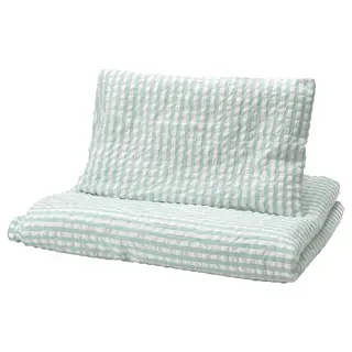 LEN duvet cover 1 pillowcase for cot, white blue/stripe pattern seersucker, 110x125/35x55 cm