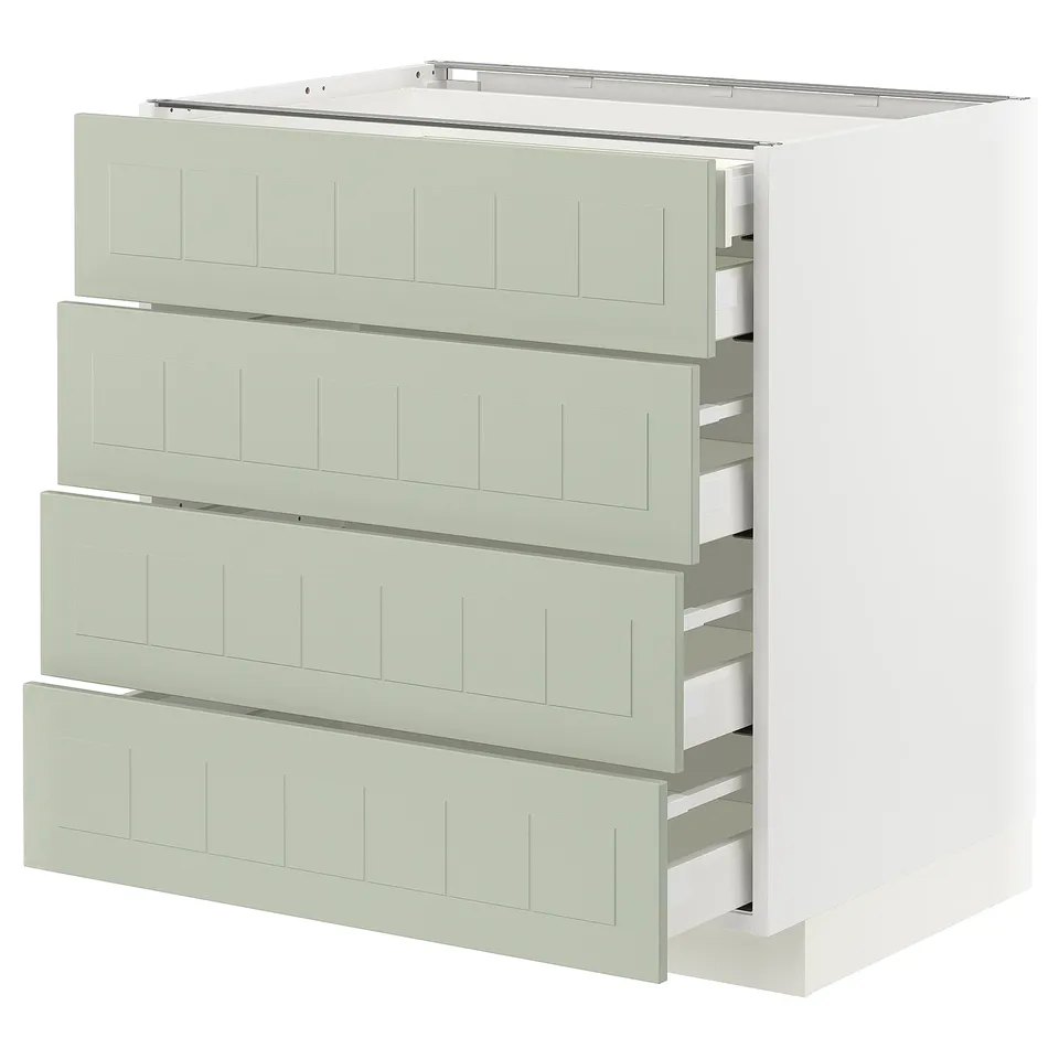 Depicts a METOD kitchen cabinet with four green stensund drawers. The cabinet is rectangular with a smooth finish and pull-out drawers for storage.