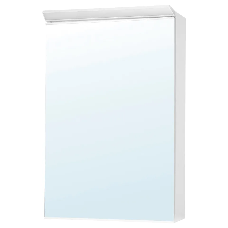 White TREASJÖN wall mirror cabinet with led lighting.