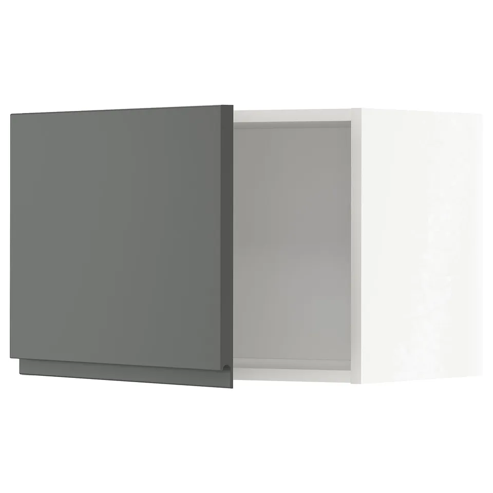 Modern grey kitchen units with sleek dark grey handles. Square, flat-pack design.