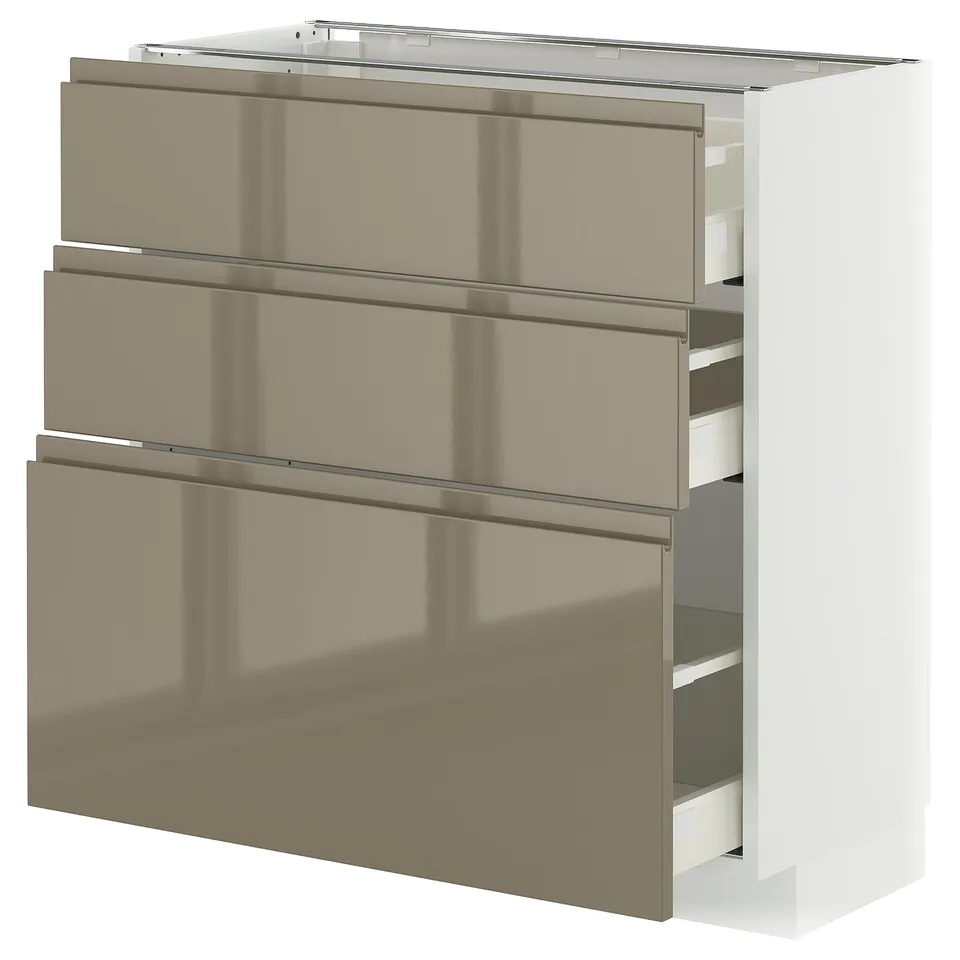 High gloss dark grey-brown kitchen cabinet with three drawers, sleek handles, and integrated storage.