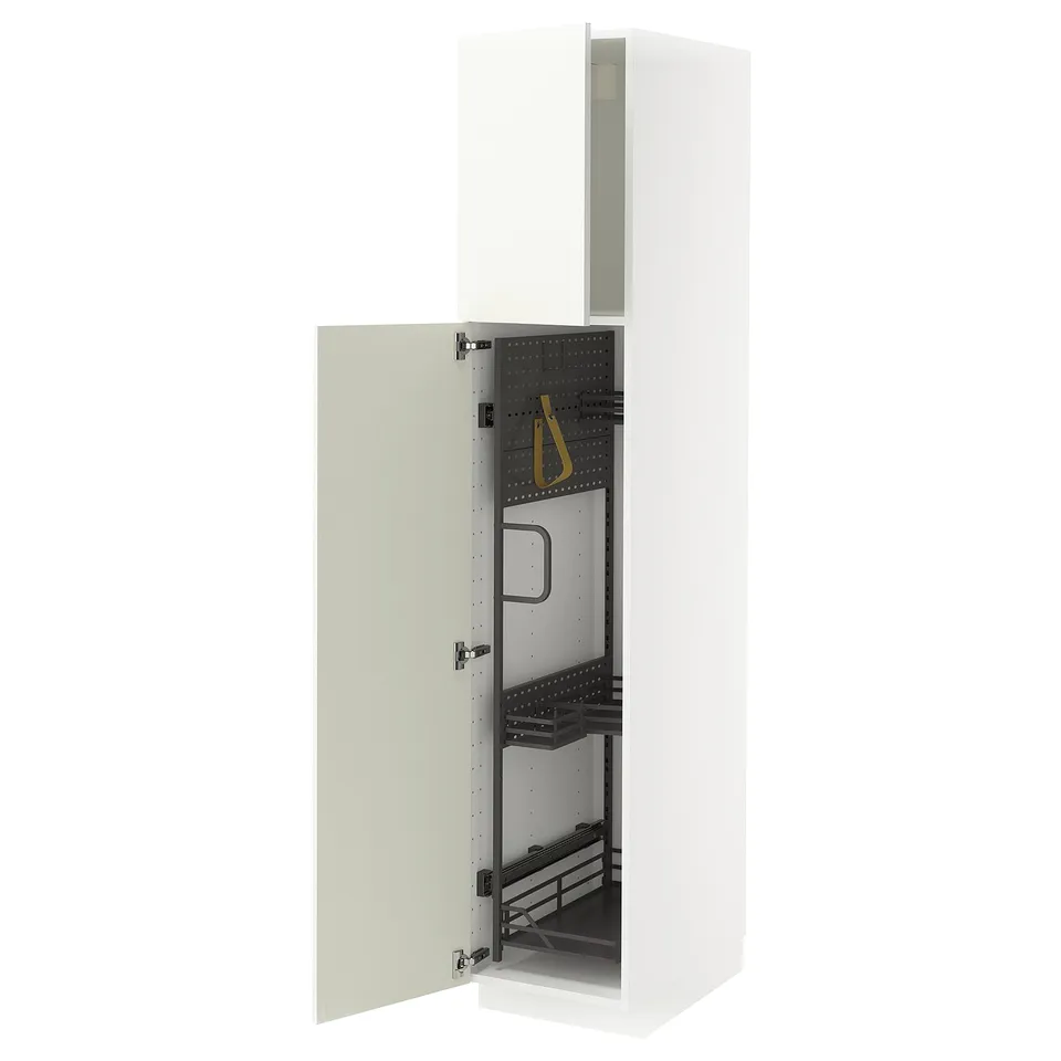 White METOD kitchen cabinet with open door revealing storage racks.