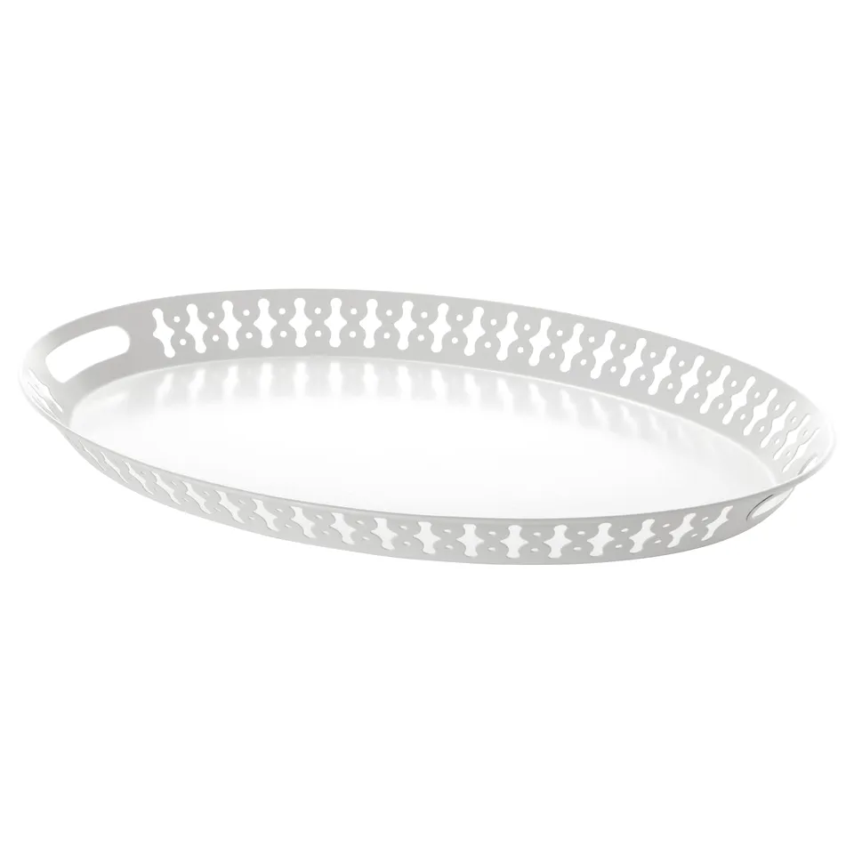 A white, oval-shaped ROMANTISK serving tray with cut-out handles and a textured pattern. Made of epoxy-coated steel.