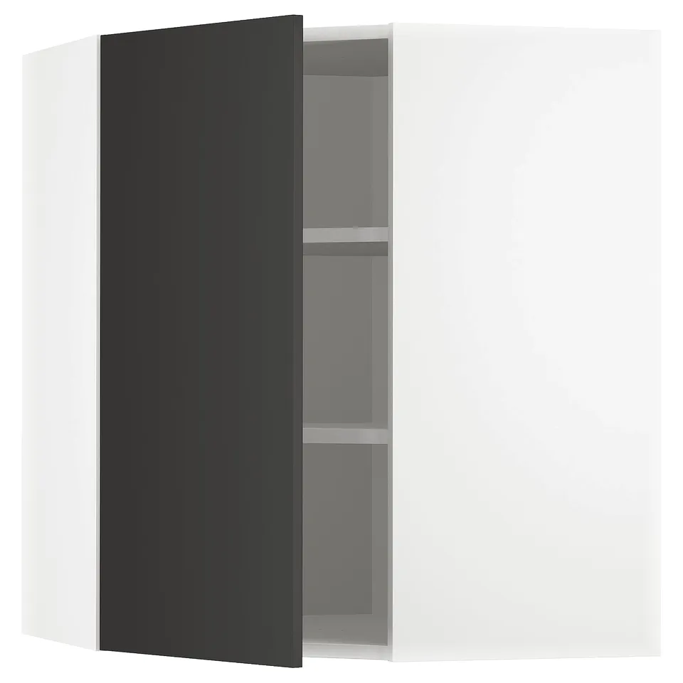 Image depicts a modern, black ikea METOD kitchen cabinet with adjustable shelves.